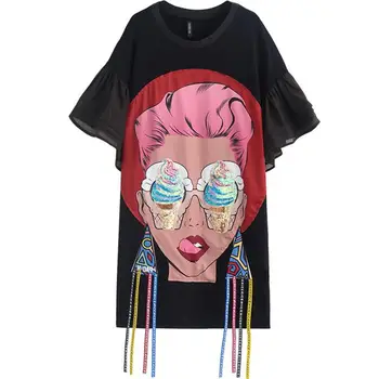 Vasaras Sievietes Kleitu Modes O-veida kakla Izlīdzināšanu Piedurknēm Pušķis Personalizētu Vestidos Karikatūra Izdrukāt Krāsu Saskaņošanas Krekls, Kleita