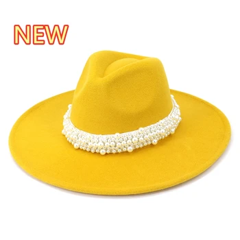 Vienkārši cepuri sievietēm 9.5 CM liels brimmed cepuri persiku sirds top pērle vilnas top hat sekla top fedora cepuri pusē džeza cepure Panama cepure