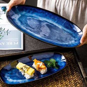 Japāņu stila krāsns kaķa acs zila zivju plate sadzīves tvaicētiem zivju plate liela glazūru krāsu radošo suši plāksnes MJ