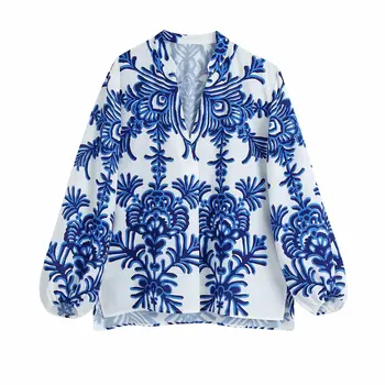 VUWWYV Za Blūzes Sieviešu White Blue Print Krekli Sieviete Vasarā Ir 2021. garām Piedurknēm Elegantas Blūzes un Krekli, Sieviešu Ikdienas Streetwear