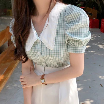 Korejas Elegants Vintage Pleds Vienu-krūšu Krekls Sievietēm, Topi Puff Piedurknēm Savukārt Apkakle Vasaras Sieviešu Blūze Blusas Modes 14793
