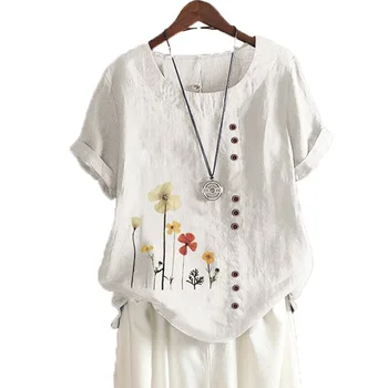 Sieviešu Modes Vasaras Gadījuma Drukāt Brīvs T-krekls Vintage Apaļu Kakla Plus Lieluma Kokvilnas veļa ar Īsām Piedurknēm Blūze Pogu, Topi S-5XL