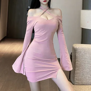 Ir 2021. Pavasara Vasaras tīrtoņa Krāsu Sexy Pāri Kakla Strapless Slim ar garām Piedurknēm Rozā Mini Kleita Sieviešu Kleitas Džemperi Sievietēm M7LO